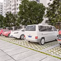 Outdoor Parking Lot With Various Cars High Rise Buildings Trees And Paved Ground