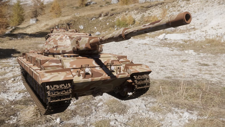 Camouflaged Military Tank Featuring Long Barrel And Tracks On Rocky Mountain Terrain 3d model 