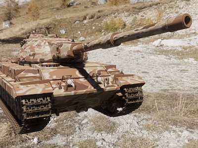 Camouflaged Military Tank Featuring Long Barrel And Tracks On Rocky Mountain Terrain 3d model