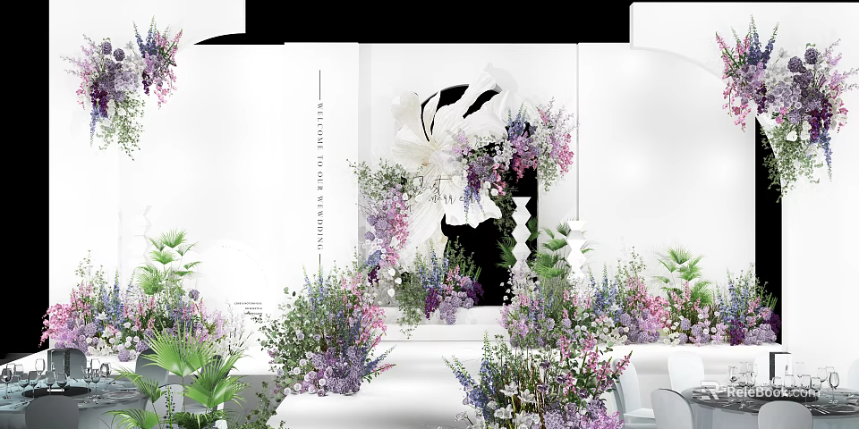 Floral Decorated Stage With Purple White Flowers Green Plants And Elegant Background Design 3d model 