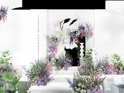 Floral Decorated Stage With Purple White Flowers Green Plants And Elegant Background Design 3d model