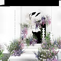 Floral Decorated Stage With Purple White Flowers Green Plants And Elegant Background Design