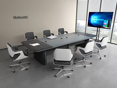 Modern Office Conference Table With Ergonomic Chairs Large Screen And Windows 3d model