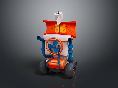 Cartoon Style Playful Toy Cart With White Body Orange Flag Blue Pipes And Wheels 3d model