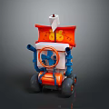 Cartoon Style Playful Toy Cart With White Body Orange Flag Blue Pipes And Wheels