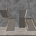 Modern Staircase Design With Metal Railings Wooden Steps And Gray Textured Wall
