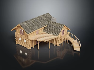 Traditional Wooden Log House Structure With Sloped Roof Wooden Stairs And Veranda Platform 3d model