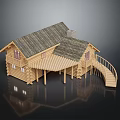 Traditional Wooden Log House Structure With Sloped Roof Wooden Stairs And Veranda Platform