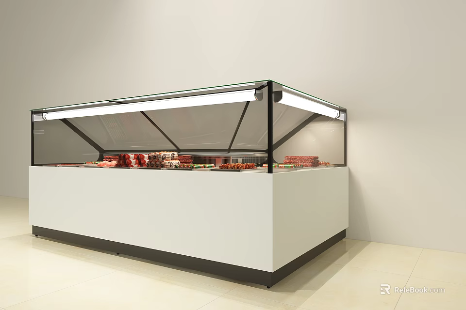 White Retail Display Showcase with Glass Cover LED Lighting and Red Items Inside 3d model 