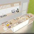Modern Dessert Display Counter With Assorted Pastries Fruits Beverage Equipment White Cups And Green Plant Wall