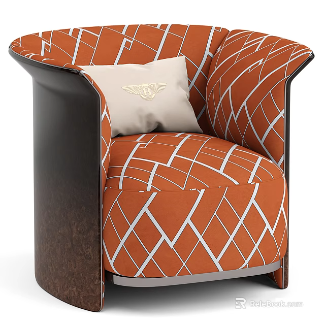 Modern Orange Single Sofa with White Diamond Pattern Accent Pillow and Dark Wooden Arms 3d model 