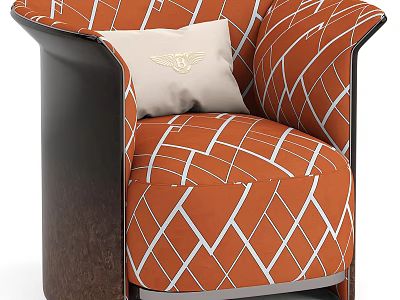 Modern Orange Single Sofa with White Diamond Pattern Accent Pillow and Dark Wooden Arms 3d model