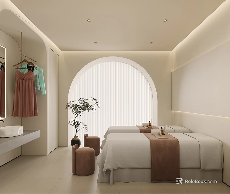 Modern SPA Room With Two Treatment Beds Arched Window And Potted Plant 3d model 