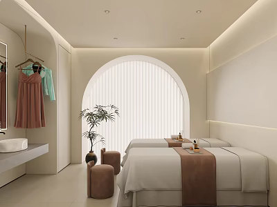 Modern SPA Room With Two Treatment Beds Arched Window And Potted Plant 3d model