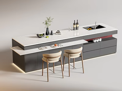 Modern Bar Counter With White Top Beige Chairs Green Plant And Cabinets 3d model