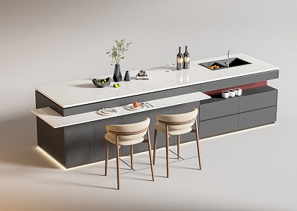 Modern Bar Chair Combination Western Kitchen Bar Counter Central Island Sink Bar Chair 3d model