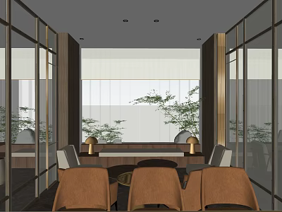 Elegant Clubhouse Interior Design With Glass Partitions Wooden Elements Brown Leather Seats And Green Plants 3d model