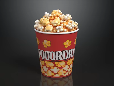 Red Popcorn Bucket With Yellow Patterns And POOORORI Text Full Of Yellow And White Popcorn 3d model