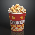 Red Popcorn Bucket With Yellow Patterns And POOORORI Text Full Of Yellow And White Popcorn