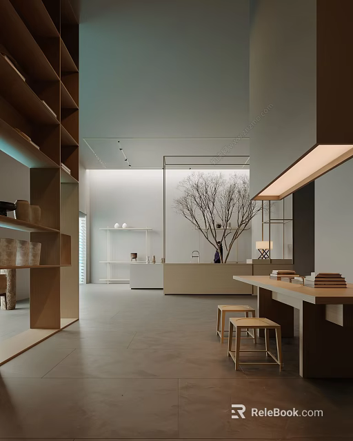 Modern Shopping Mall Store Interior With Open Shelves Tables And Decorative Tree 3d model 