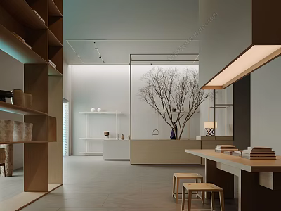 Modern Shopping Mall Store Interior With Open Shelves Tables And Decorative Tree 3d model