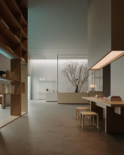 Modern Shopping Mall Store Interior With Open Shelves Tables And Decorative Tree 3d model