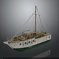 Vintage White Sailing Boat With Green Hull Mast And Round Deck Windows