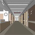 Hospital Outpatient Clinic Corridor With Reception Desk Clock Plant And Wooden Doors