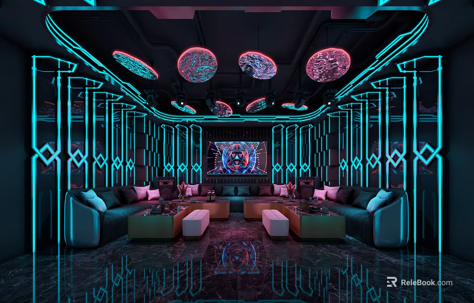 Futuristic KTV Room Interior With Blue Neon Lights Circular Ceiling And Sofas 3d model 