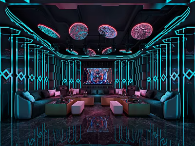 Futuristic KTV Room Interior With Blue Neon Lights Circular Ceiling And Sofas 3d model