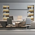 Modern Executive Office Desk With Three Chairs Shelves And Neutral Decor