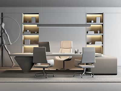 Modern Executive Office Desk With Three Chairs Shelves And Neutral Decor 3d model