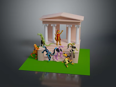 Man With Colorful Toy Figures Near Classical Columned Building 3d model