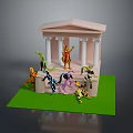 Man With Colorful Toy Figures Near Classical Columned Building