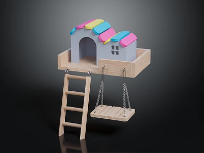 Colorful Roof Gray Toy House With Wooden Platform Ladder And Swing 3d model
