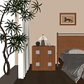 Wooden Bedside Table with Geometric Square Panels Black Clock Table Lamp and White Cup