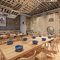 Wooden Themed Restaurant Interior With Open Kitchen Wooden Tables Blue Bowls And Lattice Ceiling