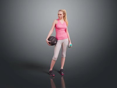 Woman In Pink Striped Tank Top Holding Black Basketball And Green Dumbbell With Gray Leggings 3d model
