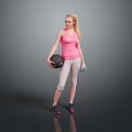 Woman In Pink Striped Tank Top Holding Black Basketball And Green Dumbbell With Gray Leggings