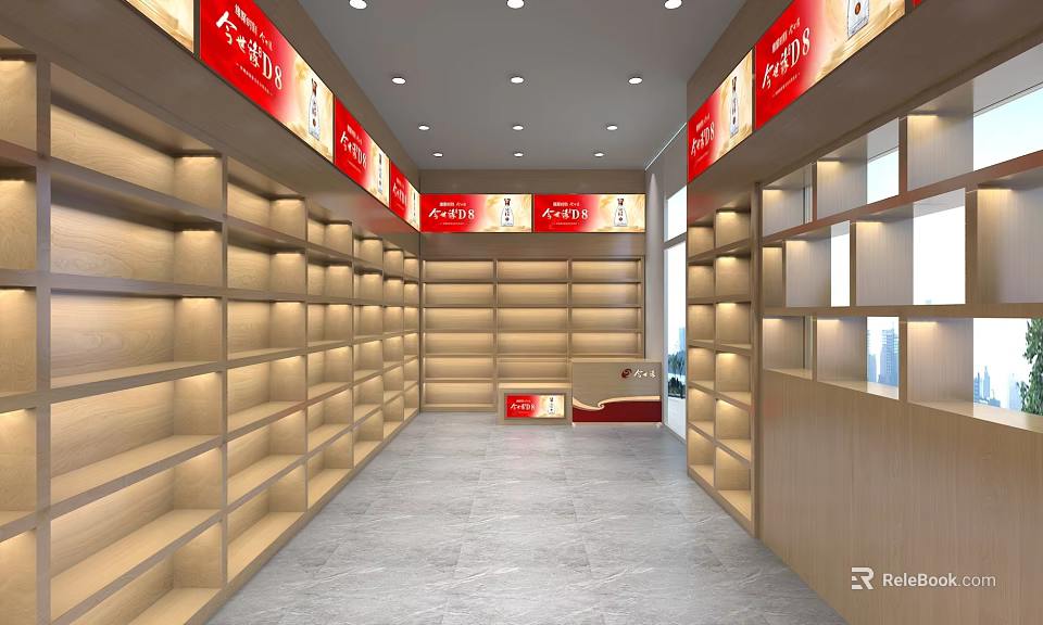 Modern Mall Store Interior With Neatly Arranged Wooden Shelves Red Signs And Service Counter 3d model 