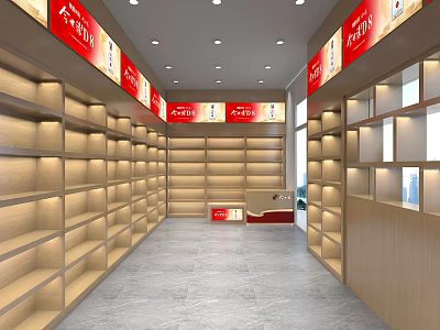 Modern Mall Store Interior With Neatly Arranged Wooden Shelves Red Signs And Service Counter 3d model