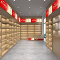 Modern Mall Store Interior With Neatly Arranged Wooden Shelves Red Signs And Service Counter