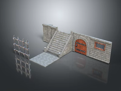 3D Model of Castle Entrance With Stone Walls Staircase Red Door and Metal Gate 3d model