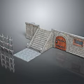 3D Model of Castle Entrance With Stone Walls Staircase Red Door and Metal Gate