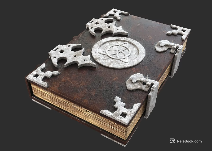 Ancient Leather Bound Book With Ornate Metal Decorations And Circular Emblem 3d model 