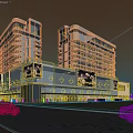 Modern Commercial Street with High Rise Buildings Billboards Cars and Pedestrians at Dusk