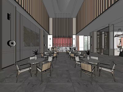 Modern Sales Office Interior With Wooden Ceiling Lounge Area Tables Chairs And Plants 3d model