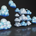 Cloud Shaped Decorative Ornament Set with Blue White Various Sizes Shiny Surface Dark Background Reflections 3d model
