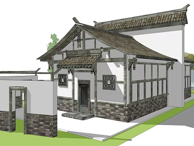 Traditional Chinese Architecture With Tile Roof White Walls Gray Bricks And Wooden Frames 3d model