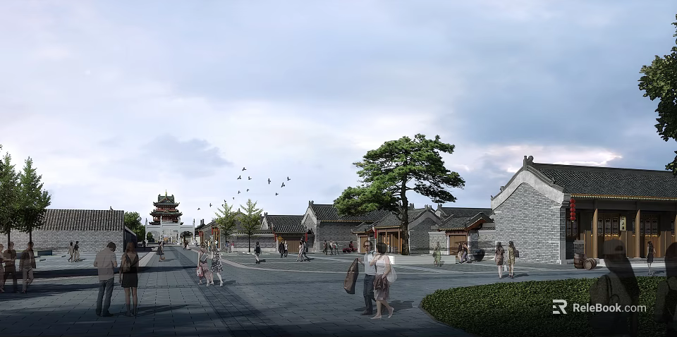 Scenic Ancient Architecture Complex With Street Pine Tree People Walking Under Cloudy Sky 3d model 